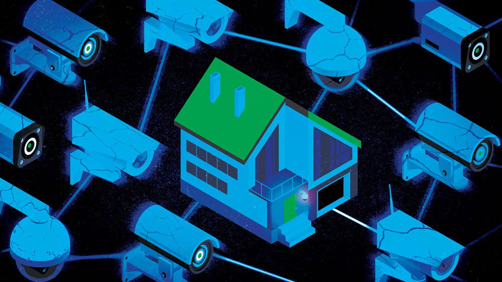 Cracked security cameras are connected by lines like a large language model. A house is in the middle.